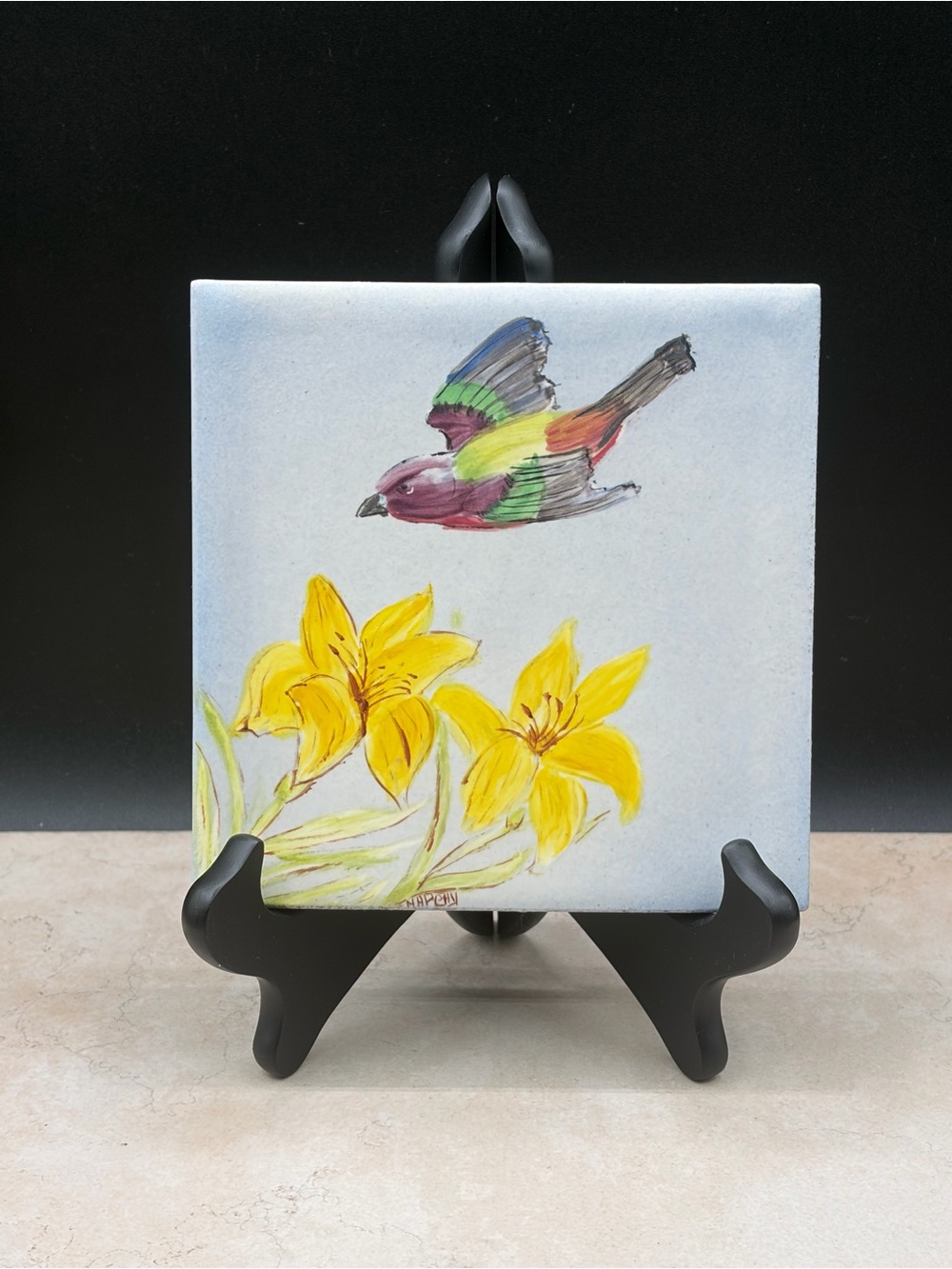 Hand-Painted Bird In Flight Floral  Art Tile Artist Signed